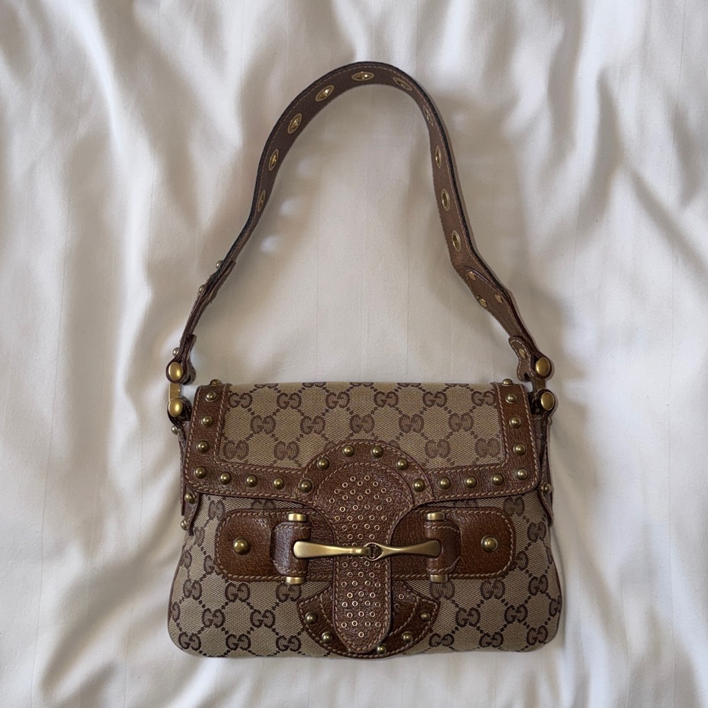 ‼️Vintage Gucci Pelham Runway Studded GG Monogram Striped Strap Shoulder Bag